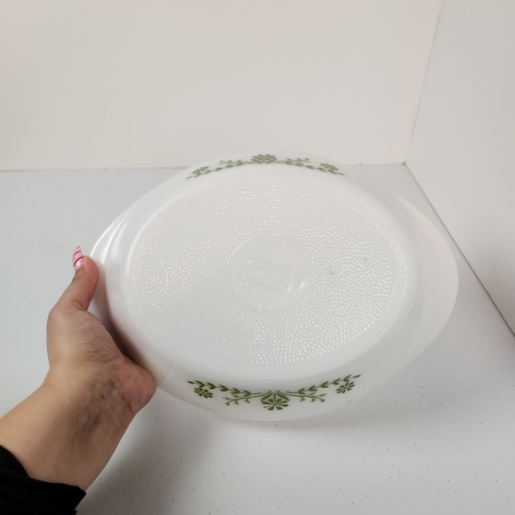 Vintage Glasbake Milk White Divided Casserole Oval Dish Green Daisy Pattern 12" - Picture 3 of 7